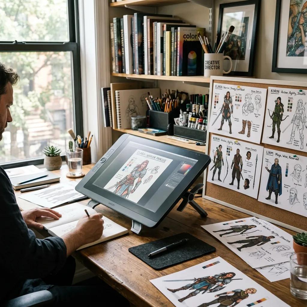 Artist developing book illustrations