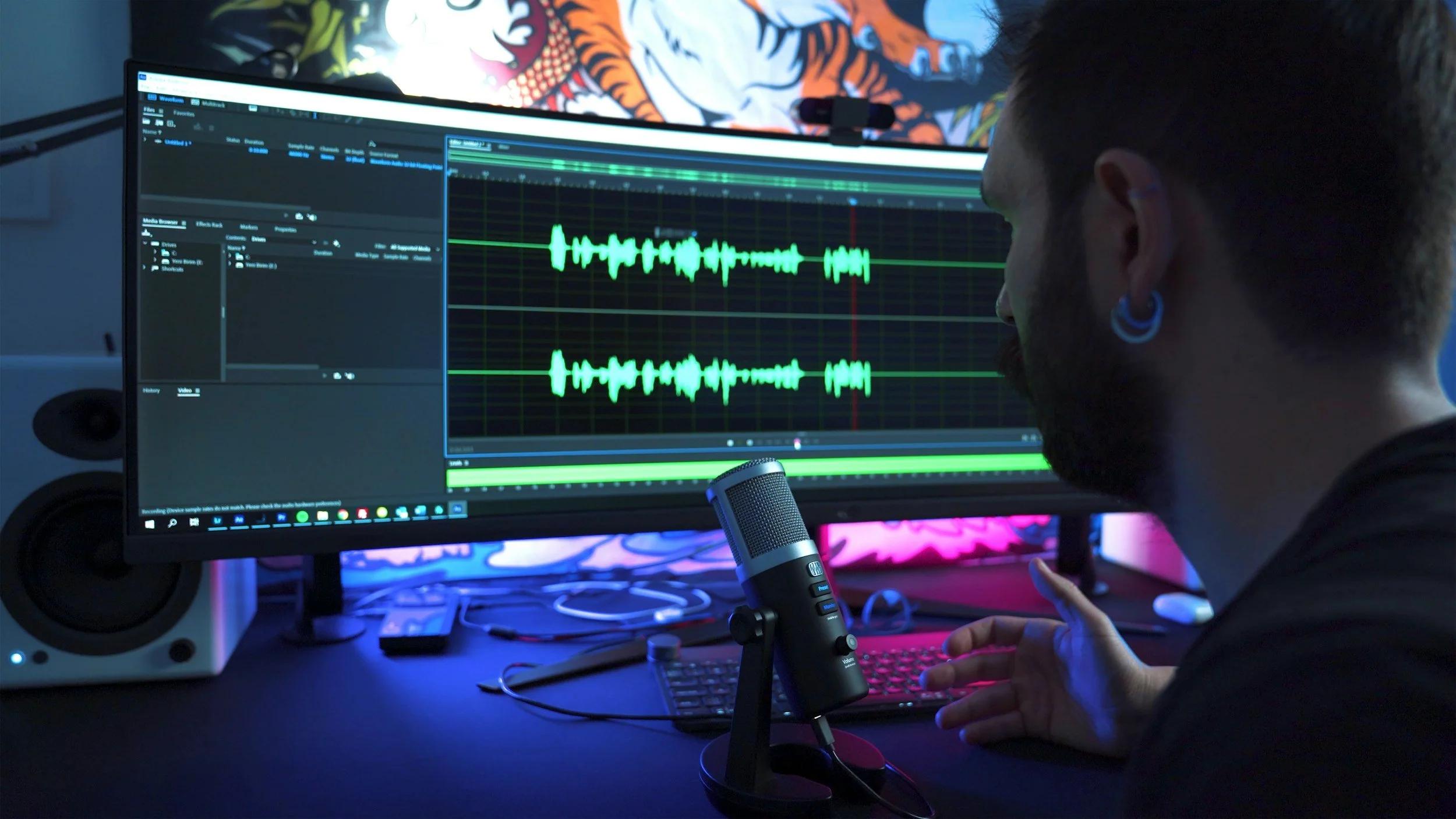 Podcast recording setup with prepared script